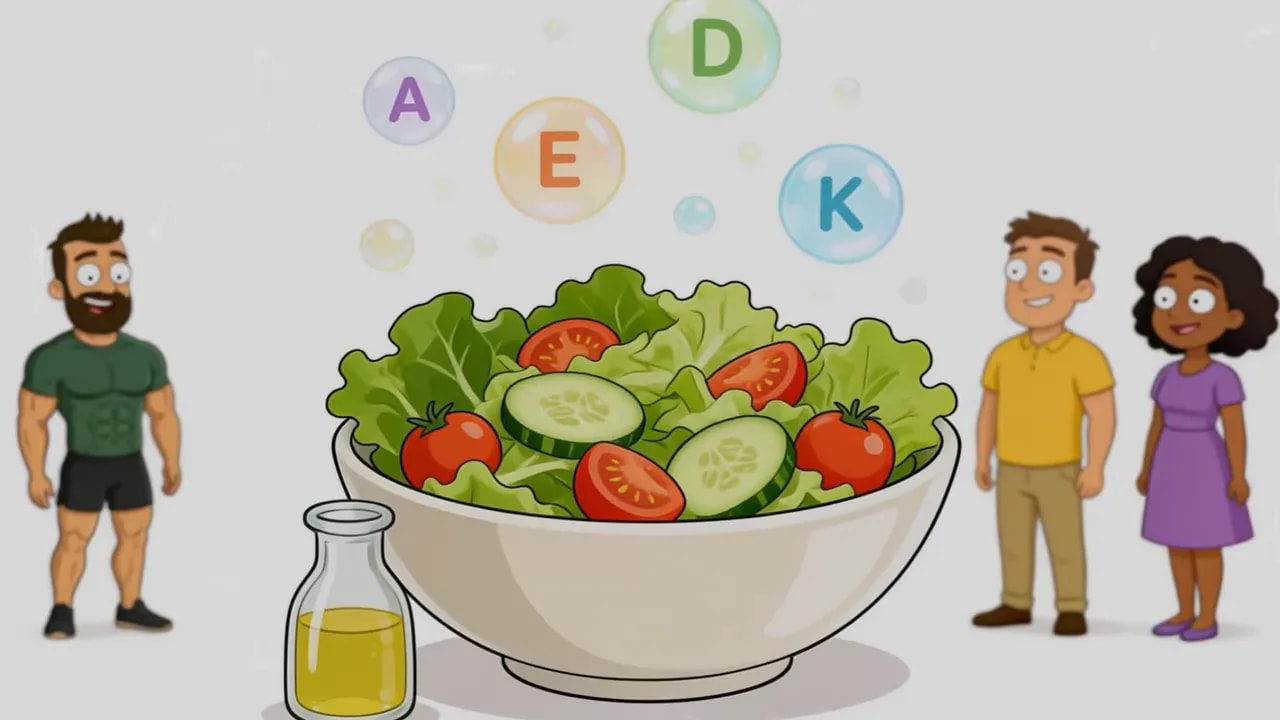 große Salatschüssel mit schwebenden Buchstaben A D E K und Ölflasche daneben