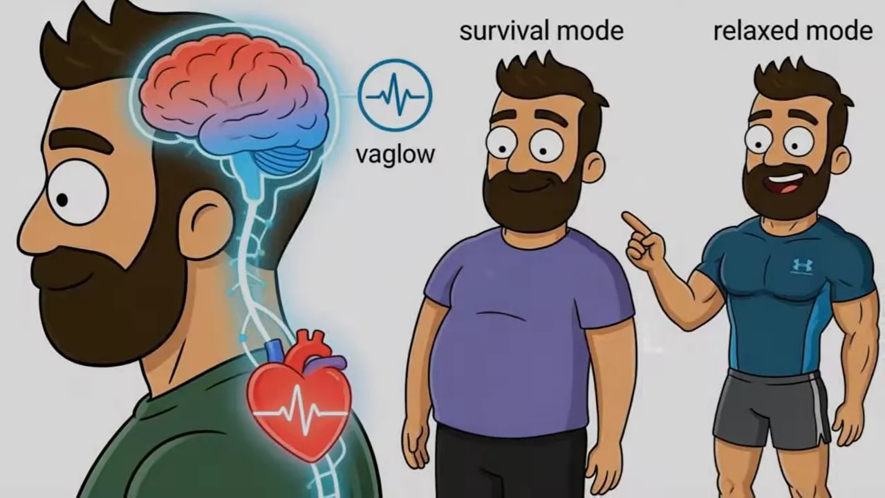 Anatomische Illustration von Gehirn, Herz und Vagusnerv mit den Begriffen survival mode und relaxed mode