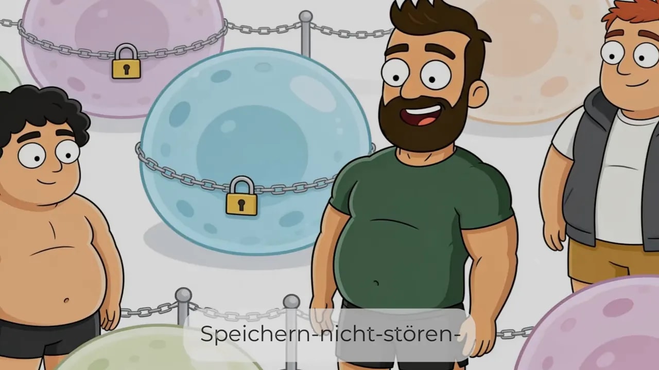 große Fettzellen mit Ketten und Vorhängeschlössern als Symbol für blockierte Fettfreisetzung