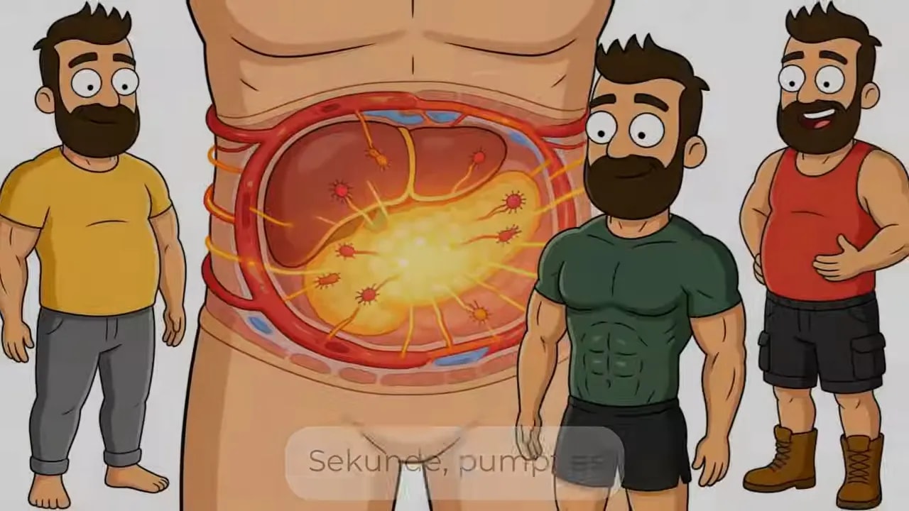 Illustration eines Bauchquerschnitts mit leuchtendem Fettgewebe in der Mitte