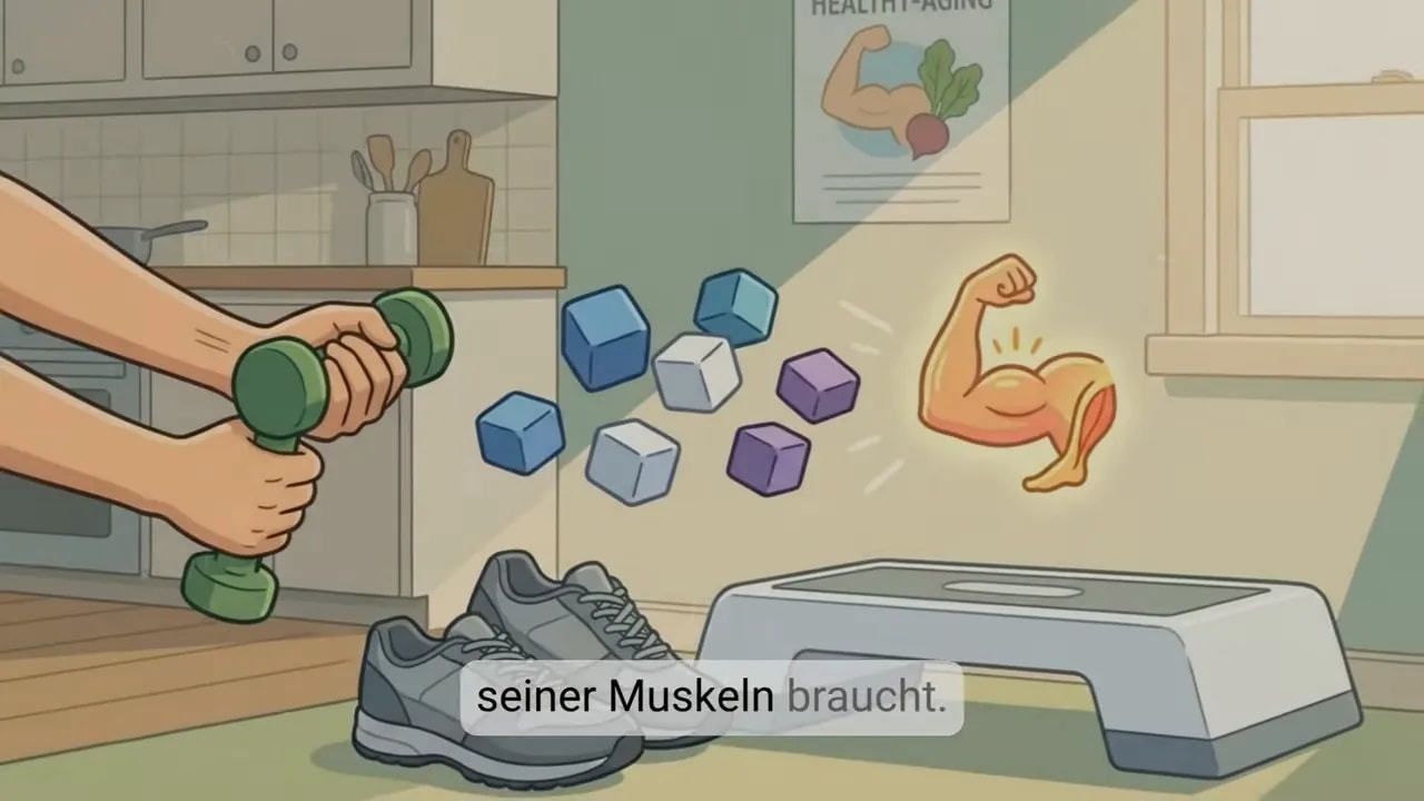Hanteln, Trainingsschuhe und ein Stepper neben Eiweißbausteinen