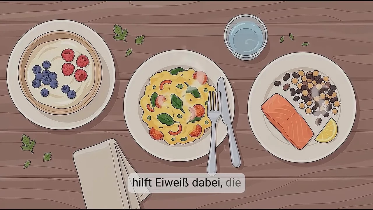 Drei eiweißreiche Mahlzeiten mit Joghurt, Gemüse, Eiern und Lachs