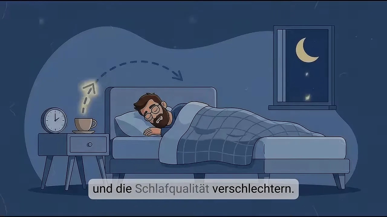 Person im Bett mit Pfeil von einer Kaffeetasse zum schlafenden Kopf