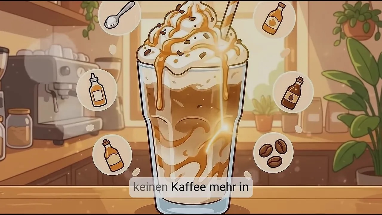 Großes Kaffeegetränk mit Sahne, Karamellsoße und Sirupflaschen